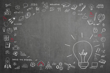 Idea light bulb doodle on black chalkboard with blank copy space for educational success and creativity concept.