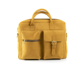 Fashion hand bag or sling bag with Nubuck mustard leather. Isolated on white background, Closeup