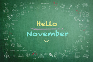 Hello November greeting on green school chalkboard with doodle