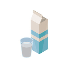 Cardboard package and glass of natural milk for breakfast. Healthy beverage. Isometric vector element for advertising poster