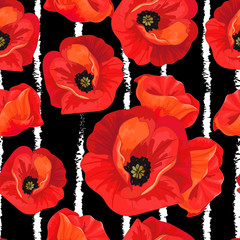 Red poppies on a striped black and white background.