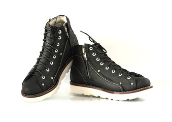 Men’s black boot with nubuck leather zipper isolated on white background, side veiw