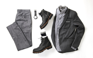 Men's casual outfits for man clothing with gray suit and black boot isolate on white background, Top view