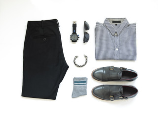 Men's casual outfits for man clothing with shirt, watch, sock, sunglasses, bracelet and gray shoe isolate on white background, Top view