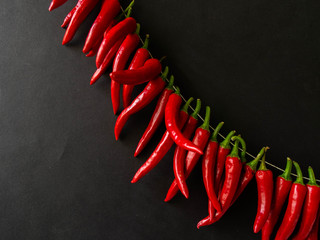 Red hot spicy chili pepper on the black background.  A row of red hot chili peppers hanging.