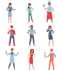 Fototapeta na wymiar Flat vector set of people different professions. Stewardess, doctor, chef, farmer, sailor, business woman, chemist, builder and teacher