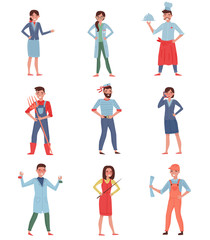 Fototapeta premium Flat vector set of people different professions. Stewardess, doctor, chef, farmer, sailor, business woman, chemist, builder and teacher
