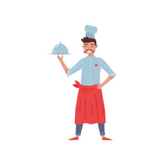 Flat vector illustration of restaurant chef with dish in hand. Smiling man with mustache. Cook in uniform with red apron