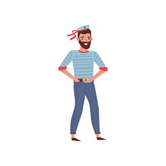 Cartoon character of smiling bearded sailor. Young man in striped shirt, pants and cap. Marine profession. Flat vector design