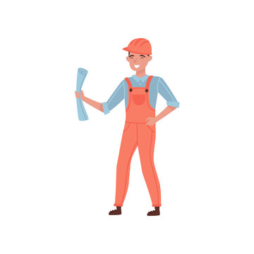 Professional construction engineer holding blueprint in hand. Young man in orange overall and protective helmet. Flat vector design