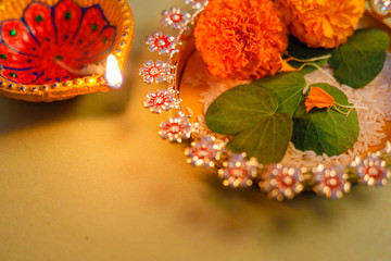 Happy Dussehra greeting card , green leaf and rice