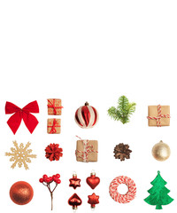 Christmas or New Year background: red and gold glass balls, fir tree branches, decoration and gifts on white background. Place for your congratulations.