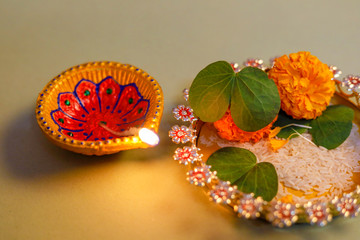 Happy Dussehra greeting card , green leaf and rice