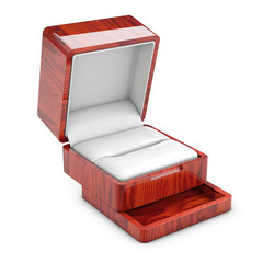3d Illustration of Empty Red Wood Opened gift jewelry box Close up Isolated on White Background