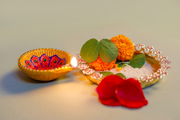 Happy Dussehra greeting card , green leaf and rice