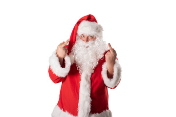 Funny fat man in Santa costume. Christmas and New Year