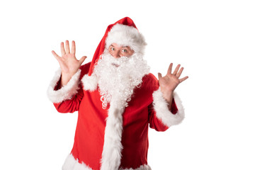 Fototapeta na wymiar Funny fat man in Santa costume. Christmas and New Year