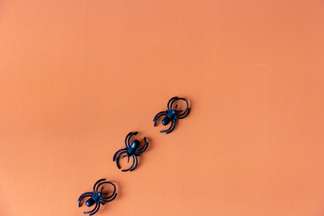 black spiders on the orange background,Halloween background, Halloween holiday concept.