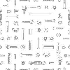 Construction hardware, screws, bolts, nuts and rivets pattern background. Equipment stainless, fasteners, metal fixation gear seamless pattern.
