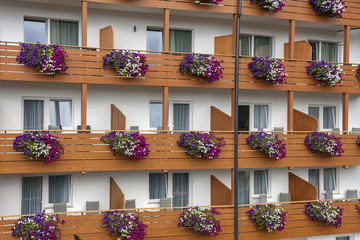Fototapeta na wymiar Geometries of coloured flowers and wood on flowered balconies