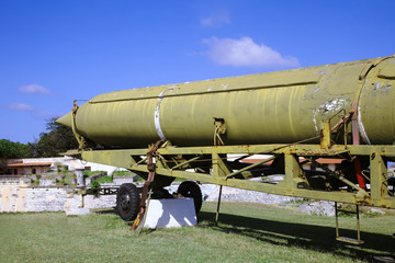 The old and broken, scratched Soviet Union rockets and armory, settled on Cuba, Havana, pointed out...