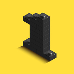 3d isometric black number One from brick on yellow background. 3d number from  bricks. Realistic number