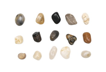 Fototapeta na wymiar Pebbles, rocks set and collection isolated on white background and texture, top view
