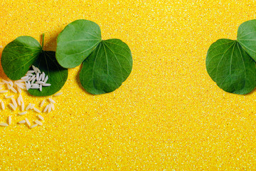 Happy Dussehra greeting card , green leaf and rice