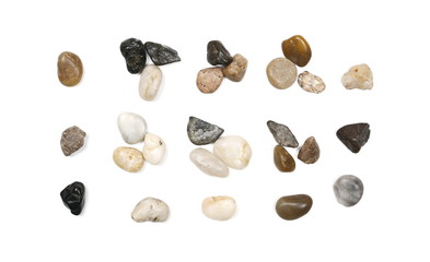 Pebbles, rocks isolated on white background and texture, top view