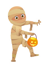Boy in Halloween mummy costume cartoon vector character for party