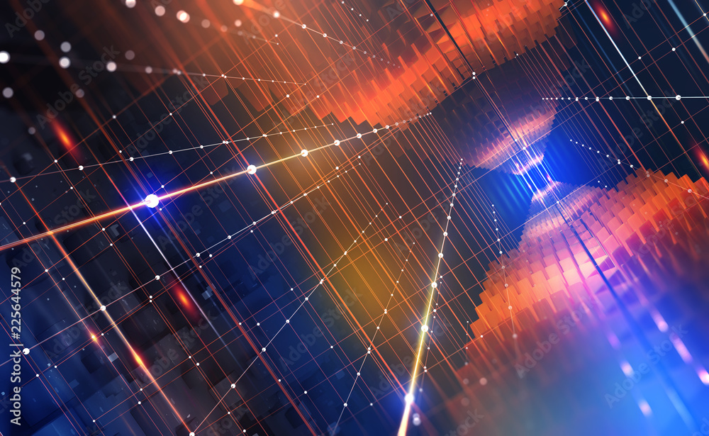 Aufkleber Quantum computer. Global network technology Blockchain. Digital world of  future. 3D illustration background