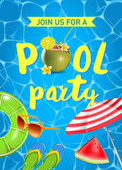 Pool party invitation vector illustration. Top view of swimming pool with pool floats.