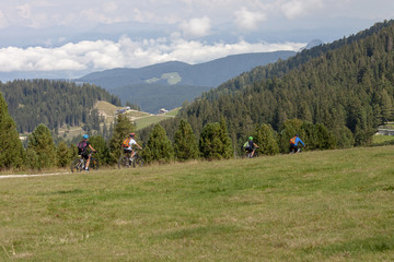 Fototapeta na wymiar Rides Mountain bike on the paths of the Val d`Ega, in oberedden, in South Tyrol