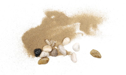 Pebbles, rocks in sand pile isolated on white background and texture, top view