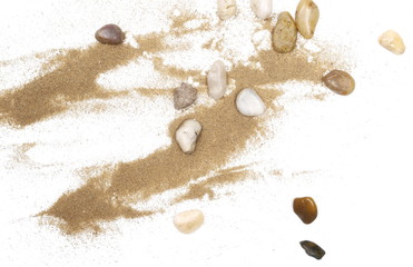Pebbles, rocks in sand pile isolated on white background and texture, top view