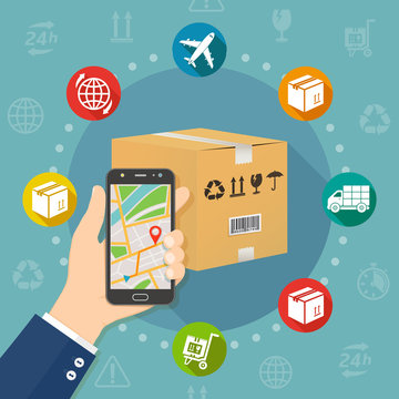 Shipping parcel gps tracking order flat design concept vector illustration