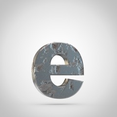 Cracked metal letter E lowercase isolated on white background