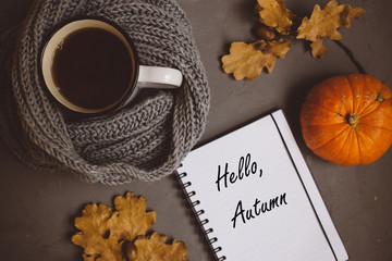 orange and yellow autumn leaves, a Cup of tea wrapped in a warm knitted scarf and Notepad with handle on gray background, top view, with copy space