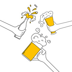 Three hands clinking beer mug, glass and bottle with spilled foam on a birthday party in yellow. Fest cheers celebration. Vector isolated illustration.