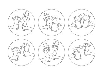 Big set of icons with hands clinking beer mugs, bottles, glasses with spilled foam on a birthday party. Fest cheers celebration in a pub. Vector isolated illustration.