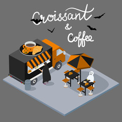 Isometric Halloween concept Coffee and croissant Cafe with script lettering. Coffee break Food Truck Delivery Master. Street Food Chef Infographic. 3D Flat vector Vehicle 