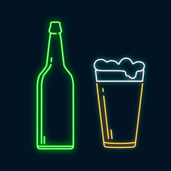 Glowing neon pint beer glass for ale and bottle. Led luminous sign for bar signboard or night pub. Vector isolated illustration.