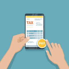 Paying taxes using smartphone. Online pay tax, bookkeeping, accounting via phone. Man holding a mobile phone with tax form on screen. Fast payment of bills, invoices. Vector illustration