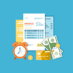 Invoices, accounts, checks with money and clock. Payment and invoicing, business or financial operations sign. Template design in the flat style. Vector illustration isolated.