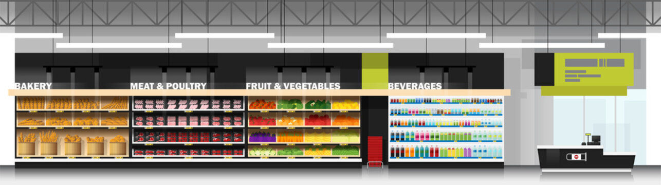 Interior scene of modern supermarket with products and cashier counter , vector , illustration