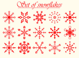 Set of abstract snwoflakes in red color