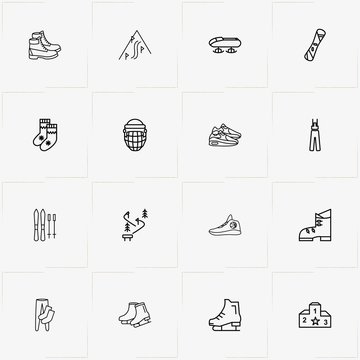 Winter Sport line icon set with skiing, mountain descent  and snowboard