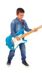 Happy child playing electric blue guitar