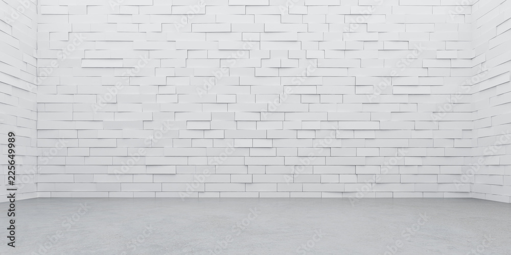 Poster Abstract of empty white architecture space with the sun light cast shadow on the random rhythm of tilt  block,3D rendering.