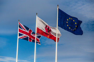 flags of Gibraltar against blue sky